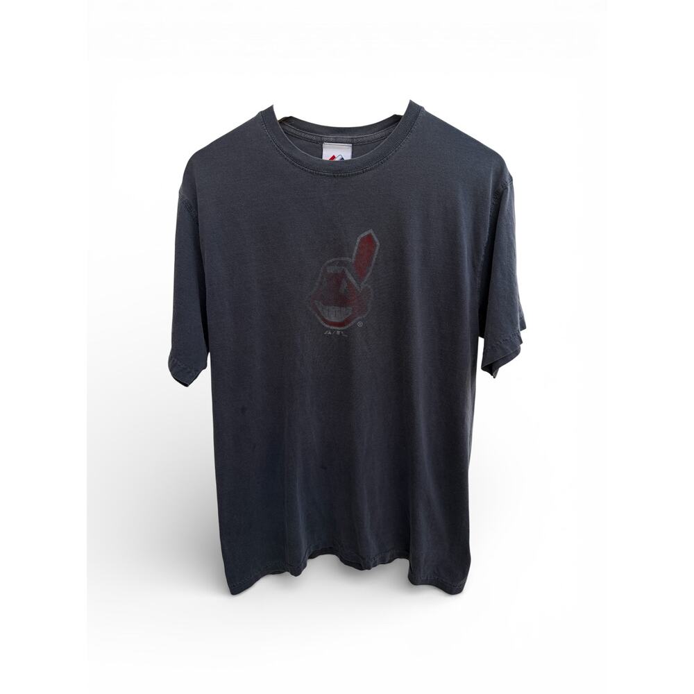 Majestic Blue T-Shirts Cleveland Indians Logo T-Shirt Mens Medium Gray